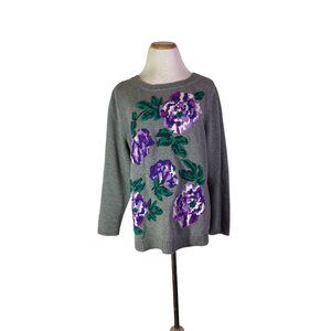 Lands' End Size PXL Grey Knit Pullover Sweater Floral Embroidery Cotton